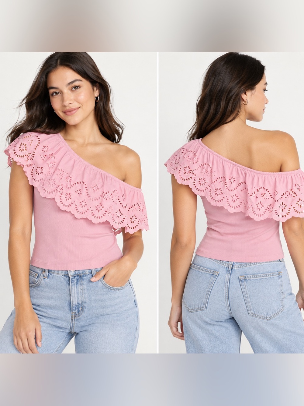 Old Navy Pink One-Shoulder Eyelet Ruffle Camisole